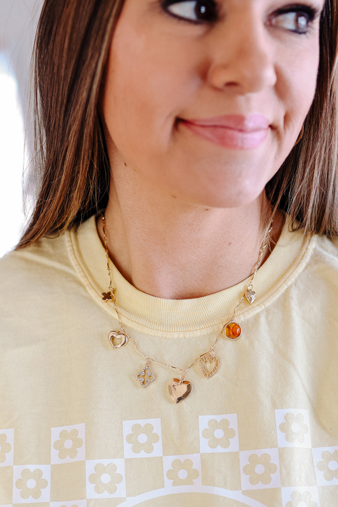 Amber Hearts Clover Stone Charm Necklace