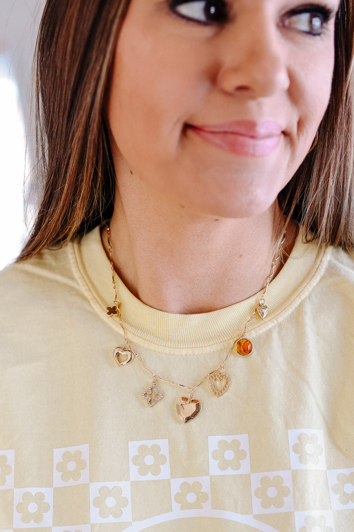 Amber Hearts Clover Stone Charm Necklace