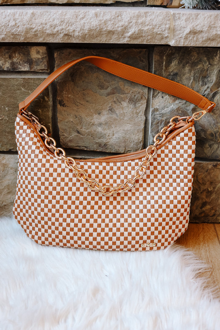 Sienna Slouchy Woven Shoulder Bag - Brown Checkered