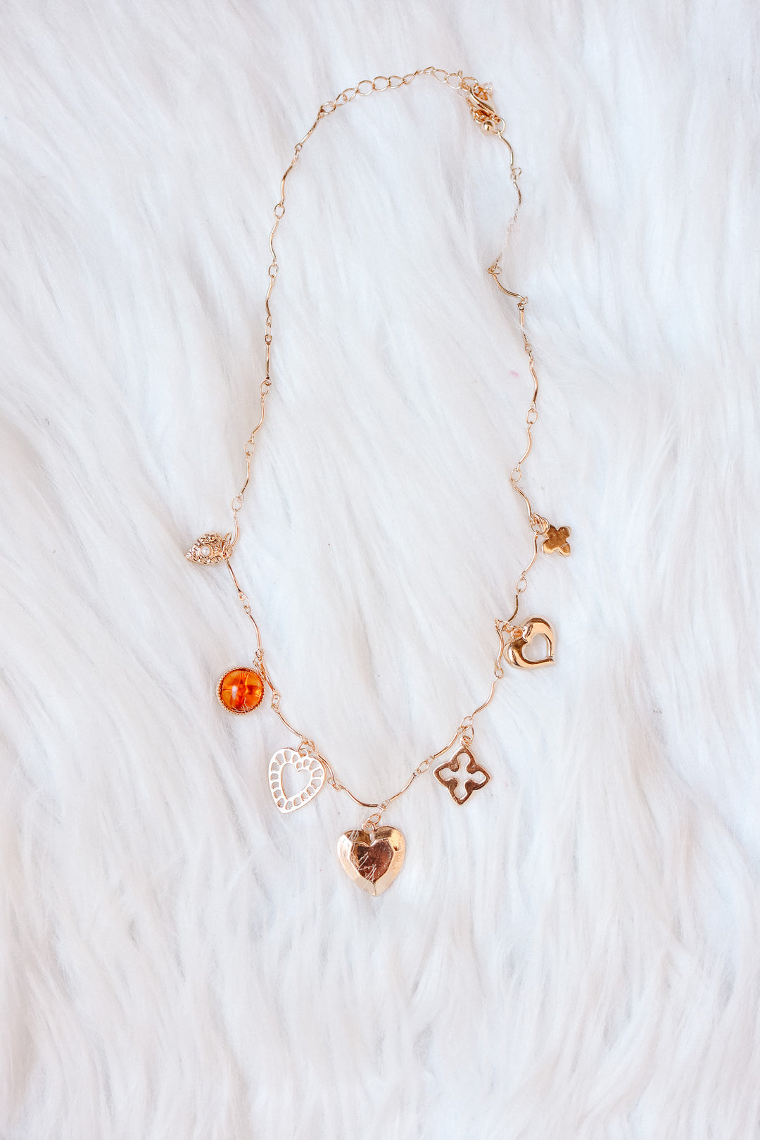 Amber Hearts Clover Stone Charm Necklace