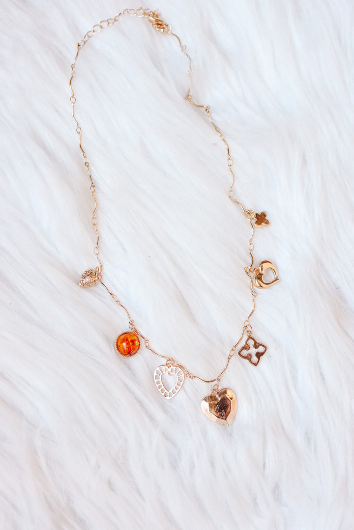 Amber Hearts Clover Stone Charm Necklace