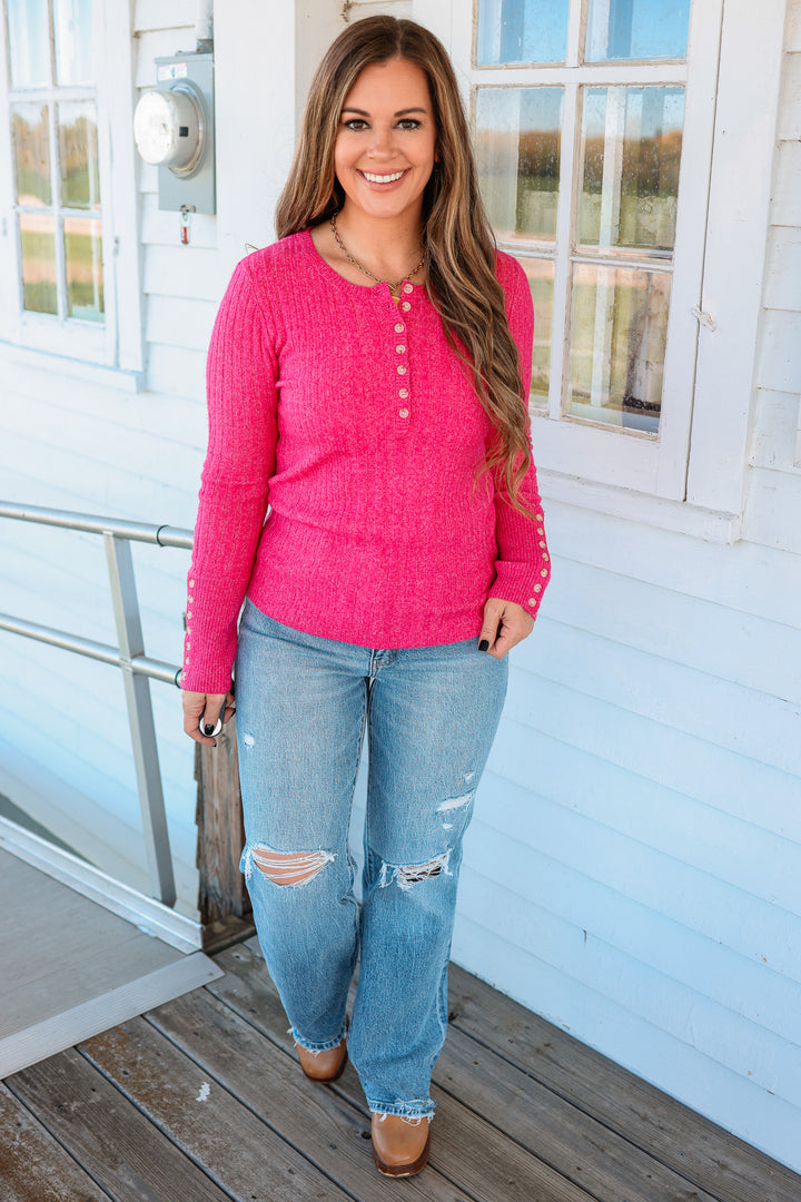 Aaryn Buttoned Cuffs Henley Top - Fuchsia