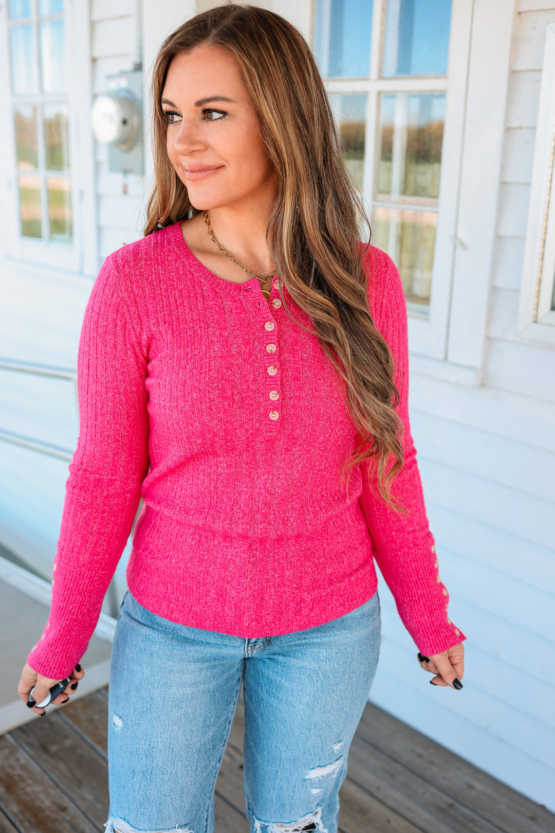 Aaryn Buttoned Cuffs Henley Top - Fuchsia