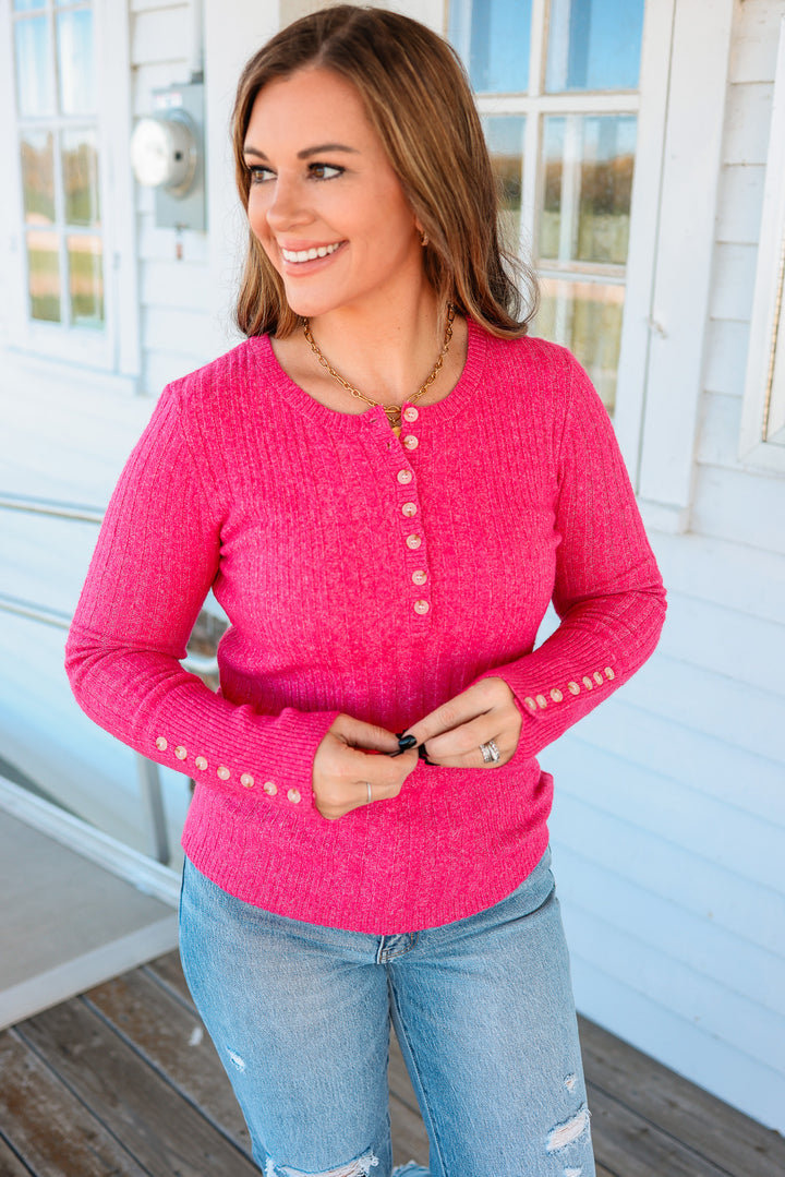 Aaryn Buttoned Cuffs Henley Top - Fuchsia