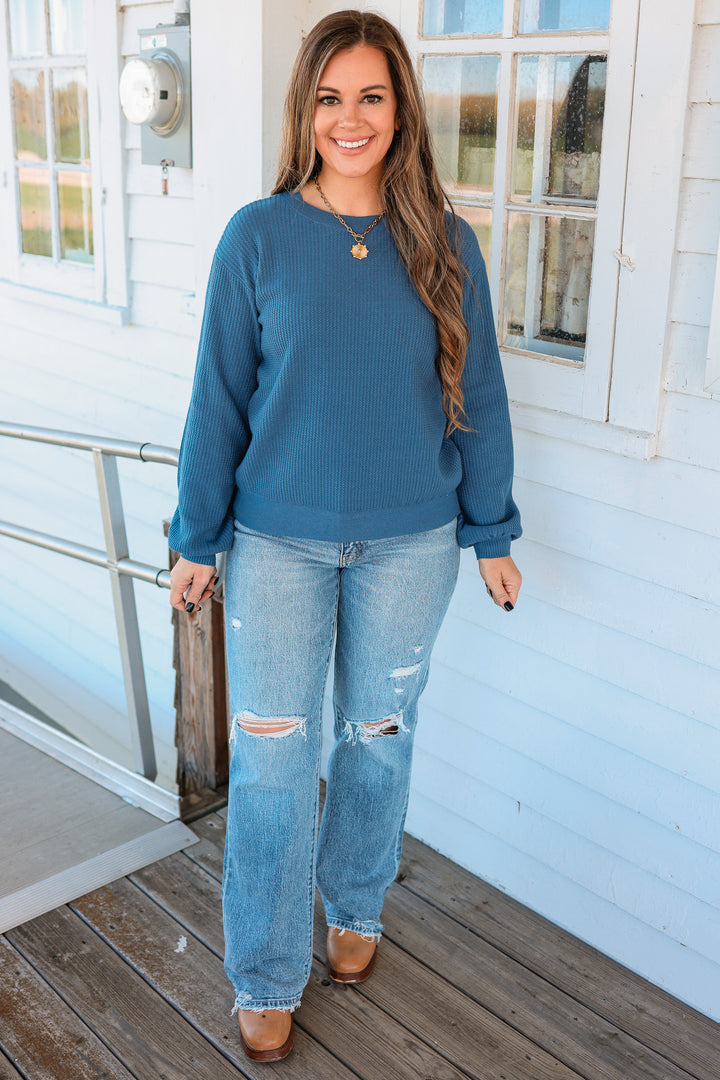 Roslyn Textured Balloon Sleeve Sweater - Denim