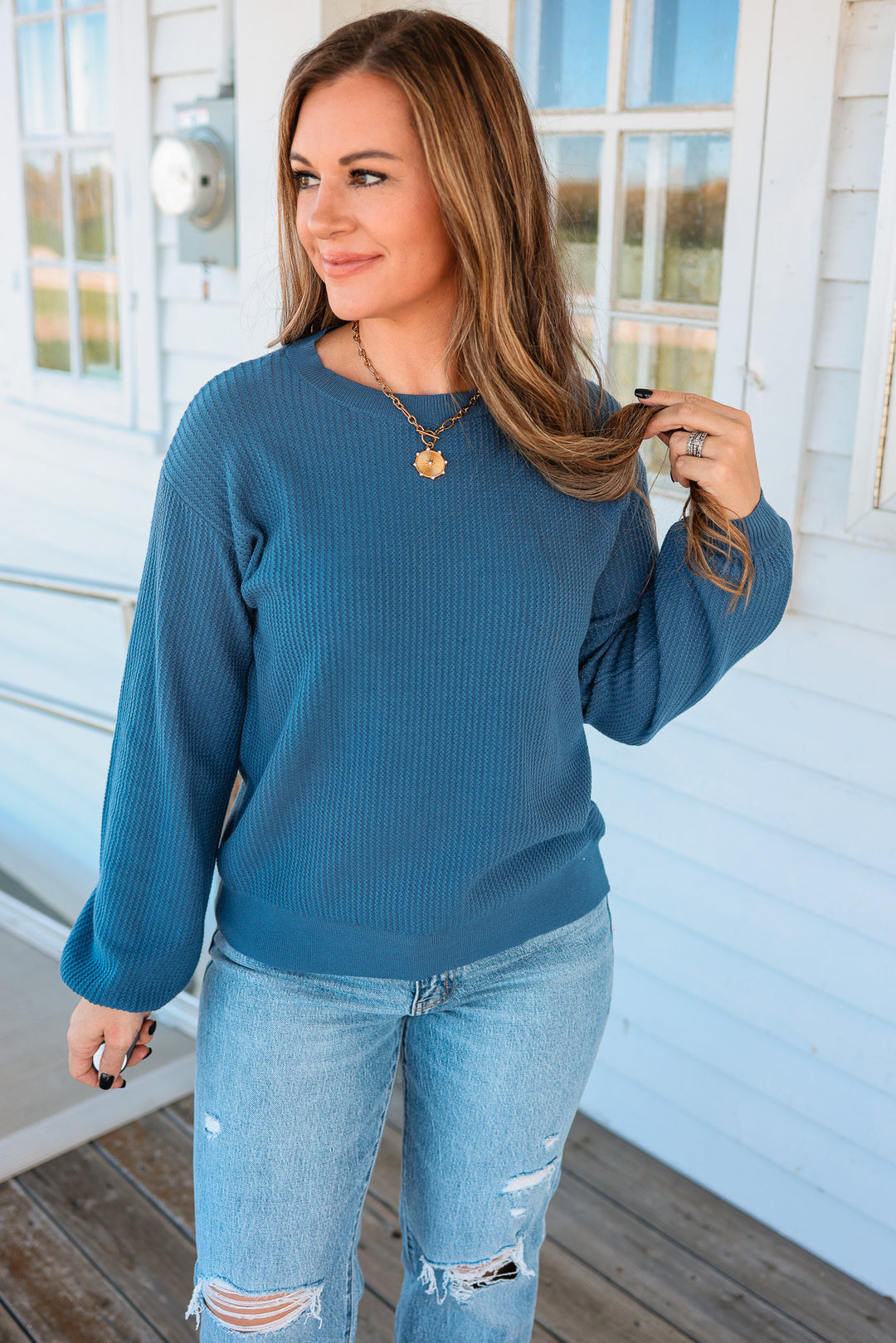 Roslyn Textured Balloon Sleeve Sweater - Denim