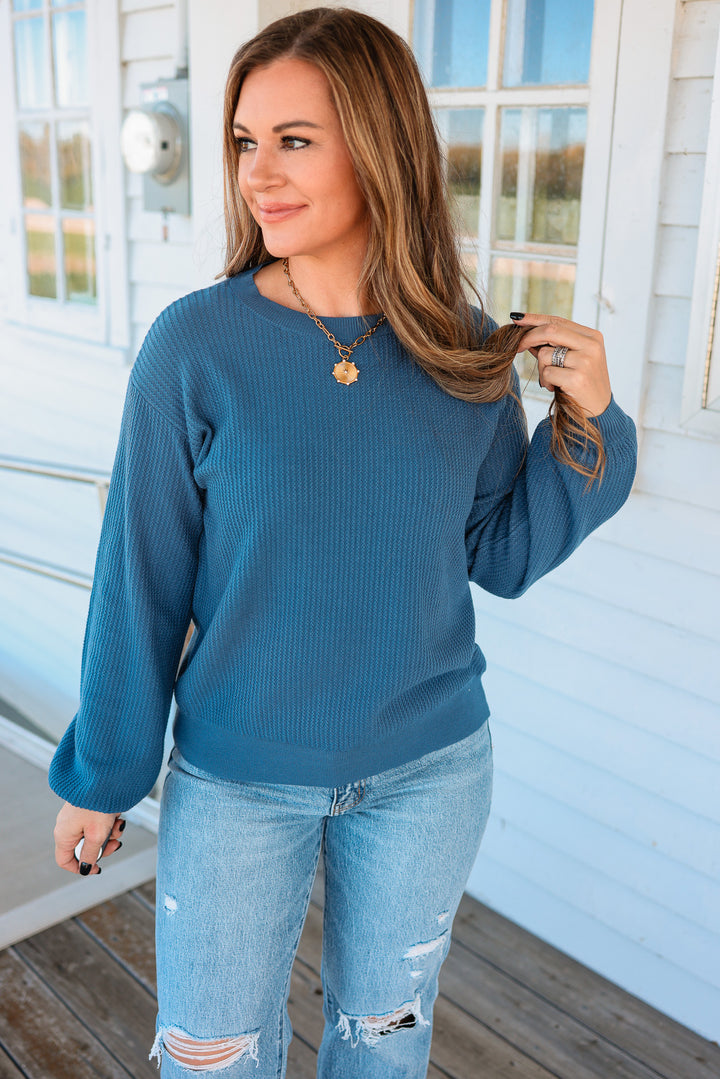 Roslyn Textured Balloon Sleeve Sweater - Denim