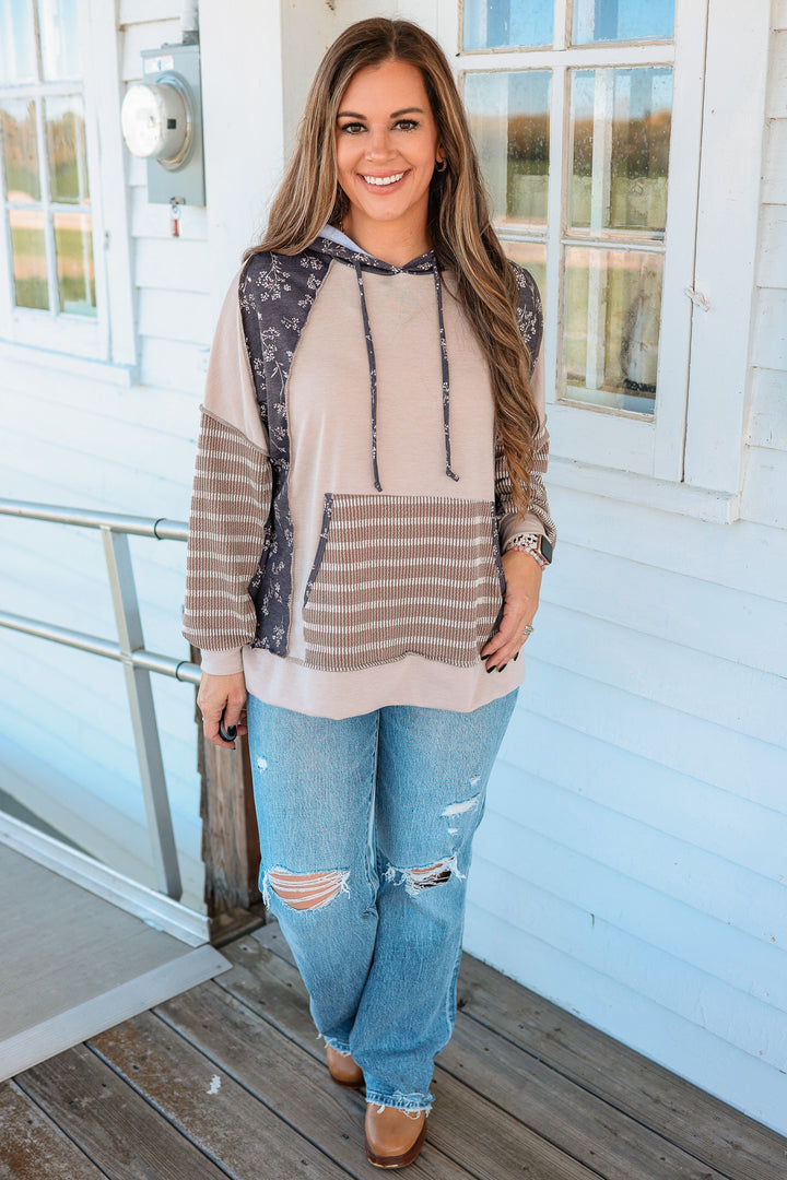 Hayes Floral and Stripes Hoodie - Mocha/Brown