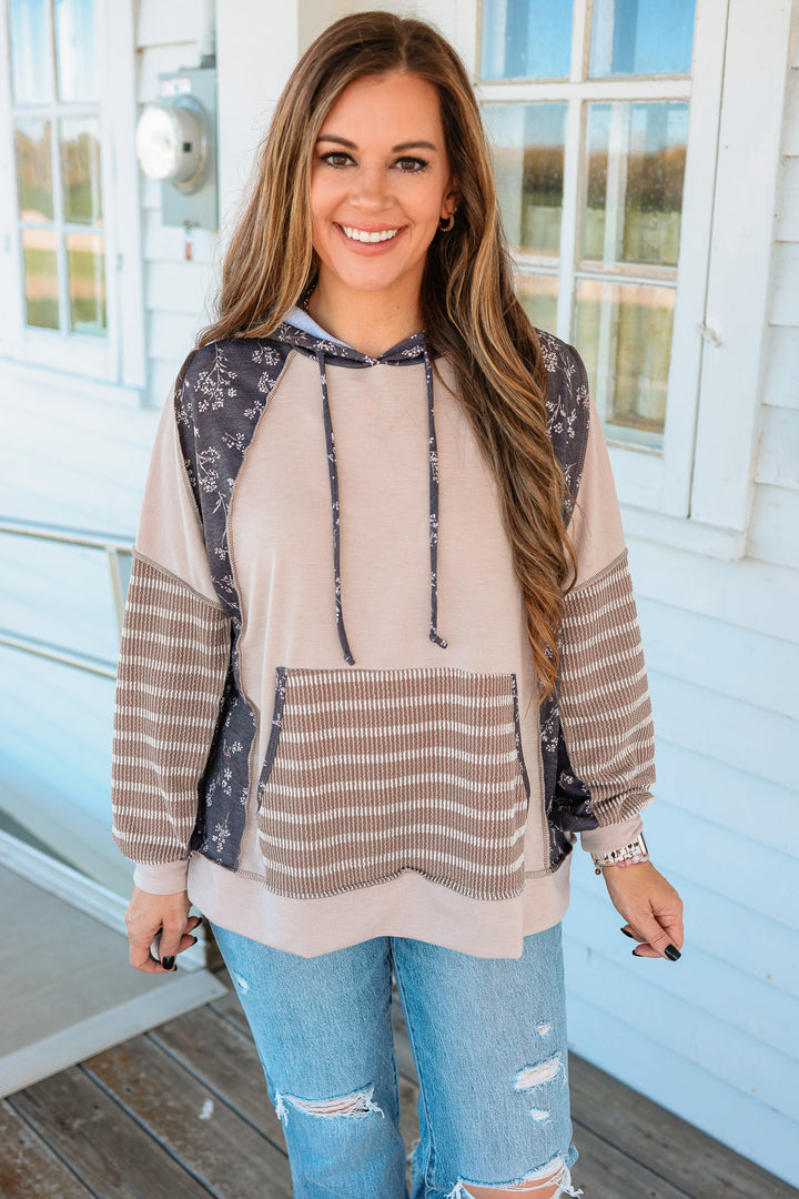 Hayes Floral and Stripes Hoodie - Mocha/Brown