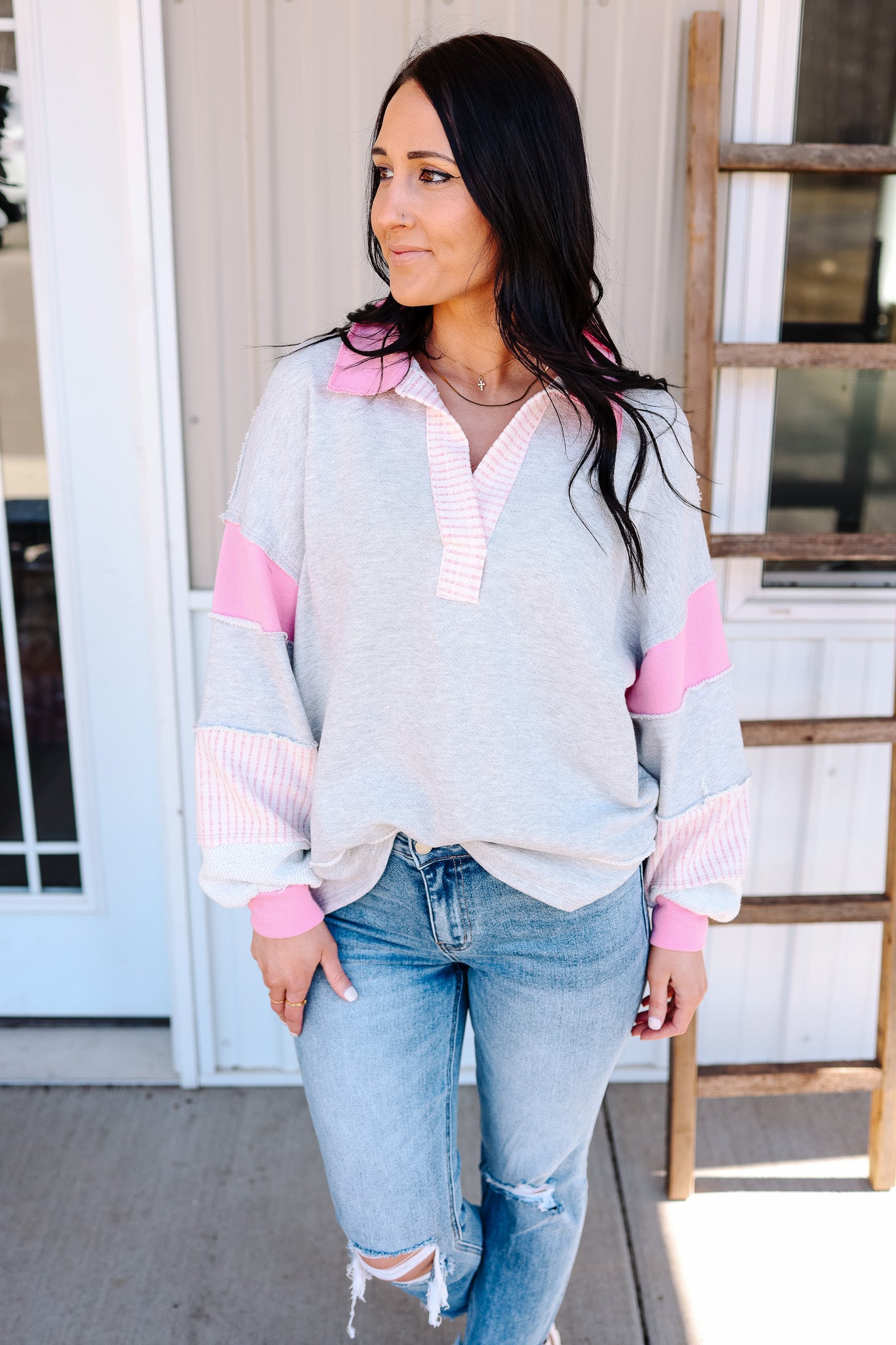 Laken French Terry Knit Color Block Top - Pink