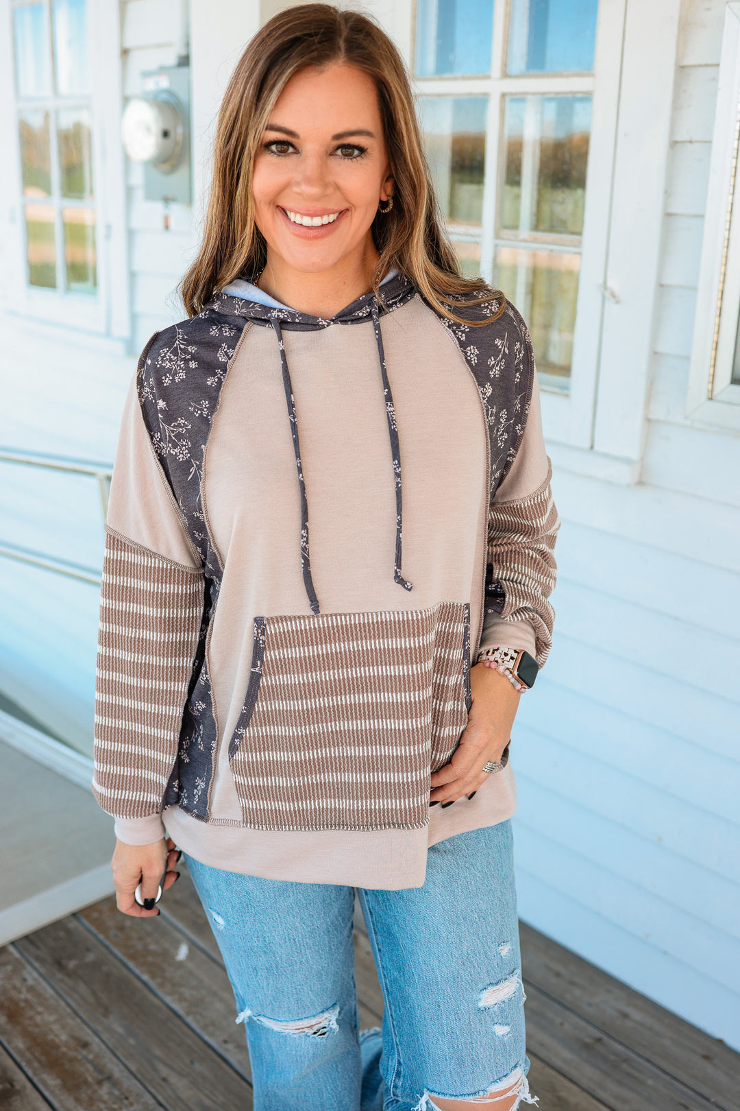 Hayes Floral and Stripes Hoodie - Mocha/Brown