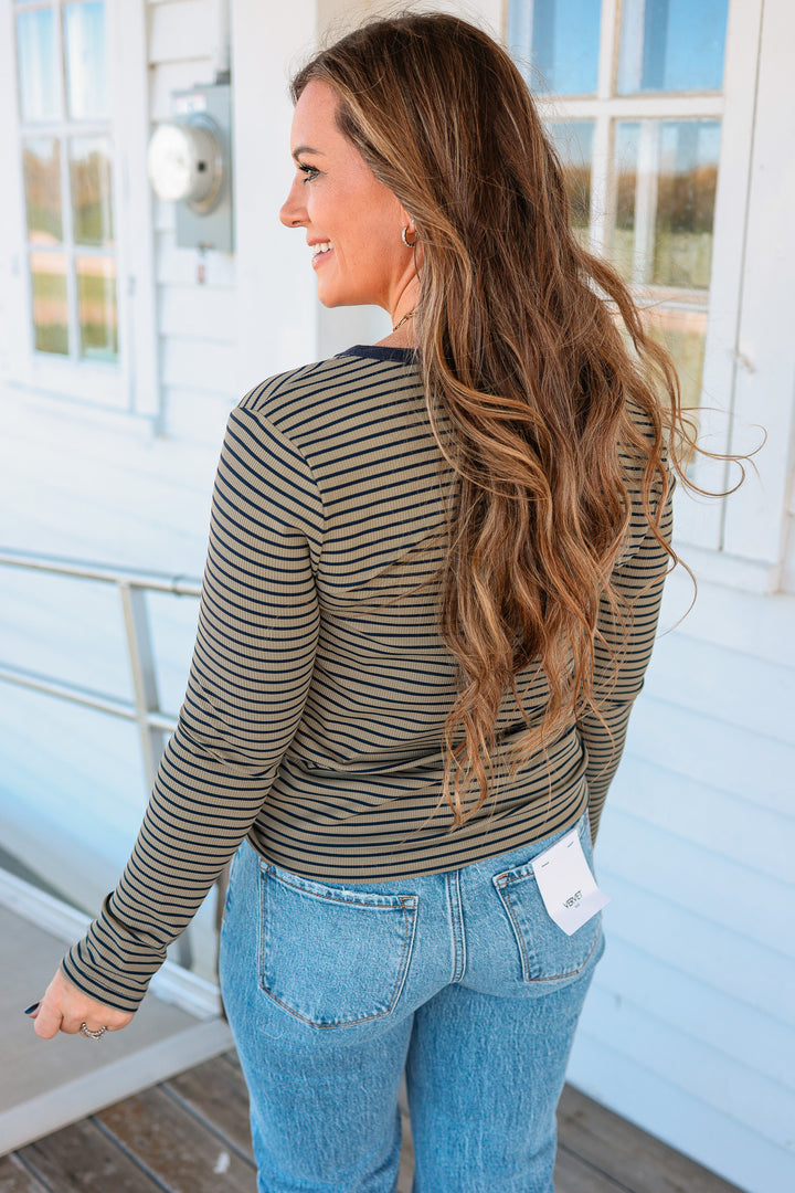 Alyssa Half Snap Button Stripe Top - Olive