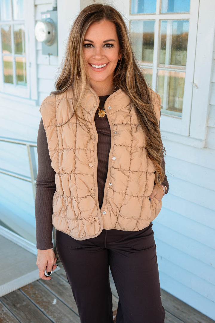 Taya Quilted Puffer Vest - Tan