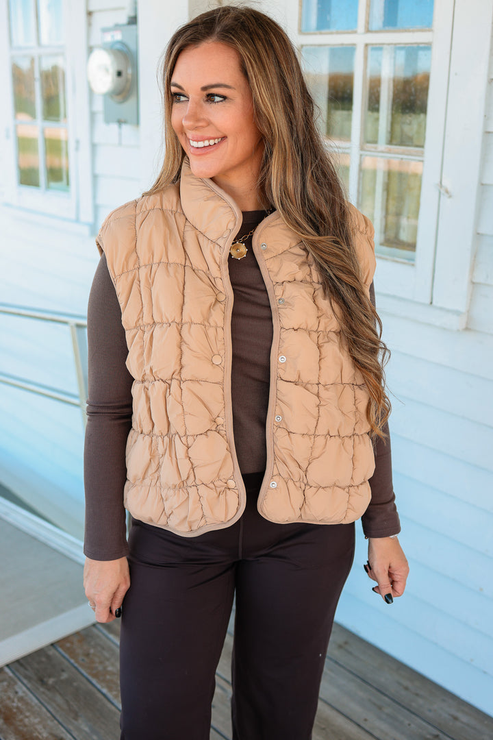 Taya Quilted Puffer Vest - Tan
