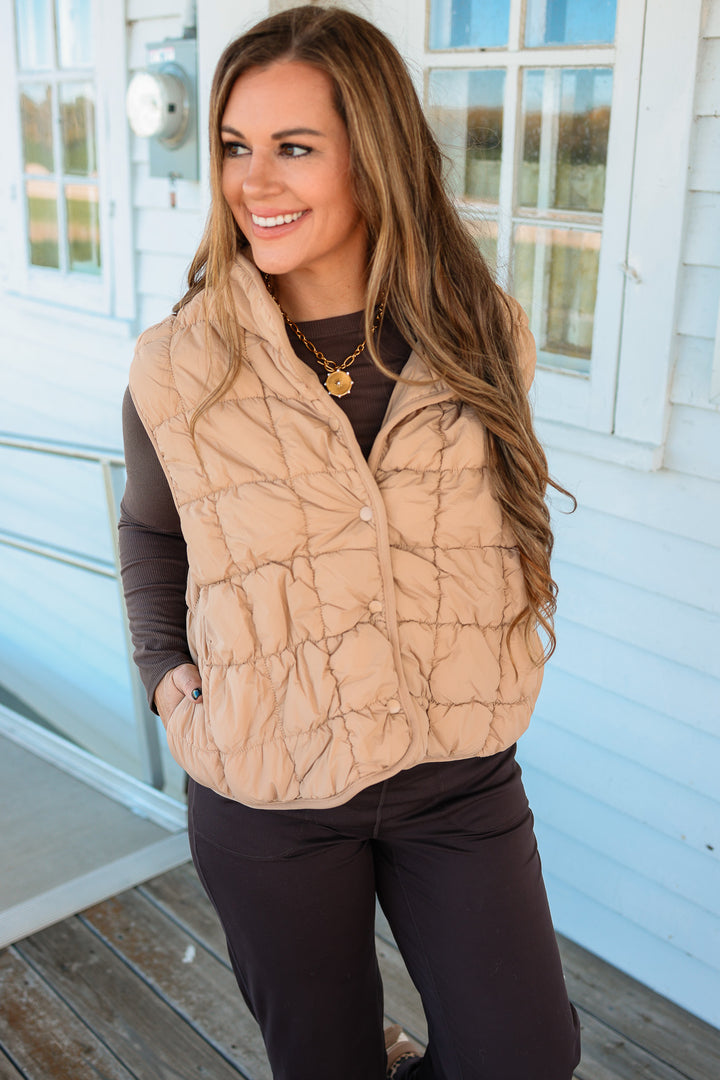Taya Quilted Puffer Vest - Tan