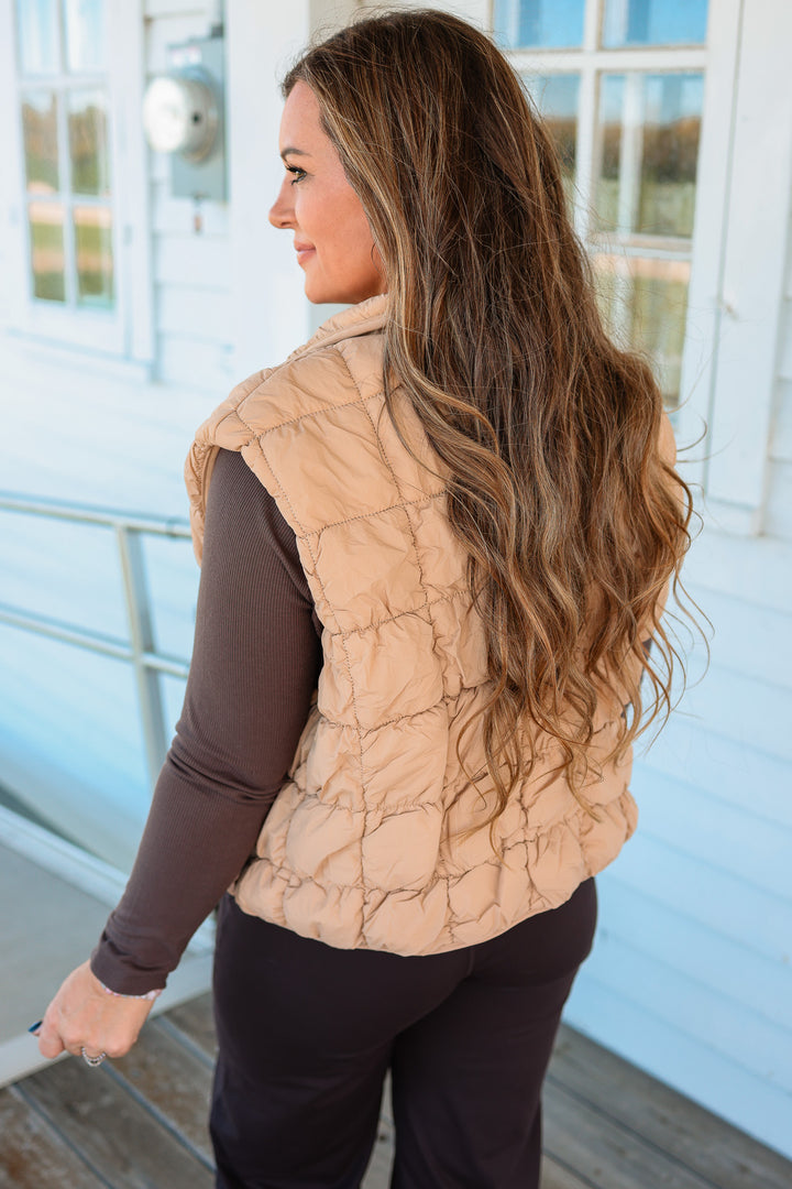 Taya Quilted Puffer Vest - Tan