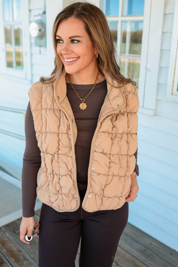 Taya Quilted Puffer Vest - Tan