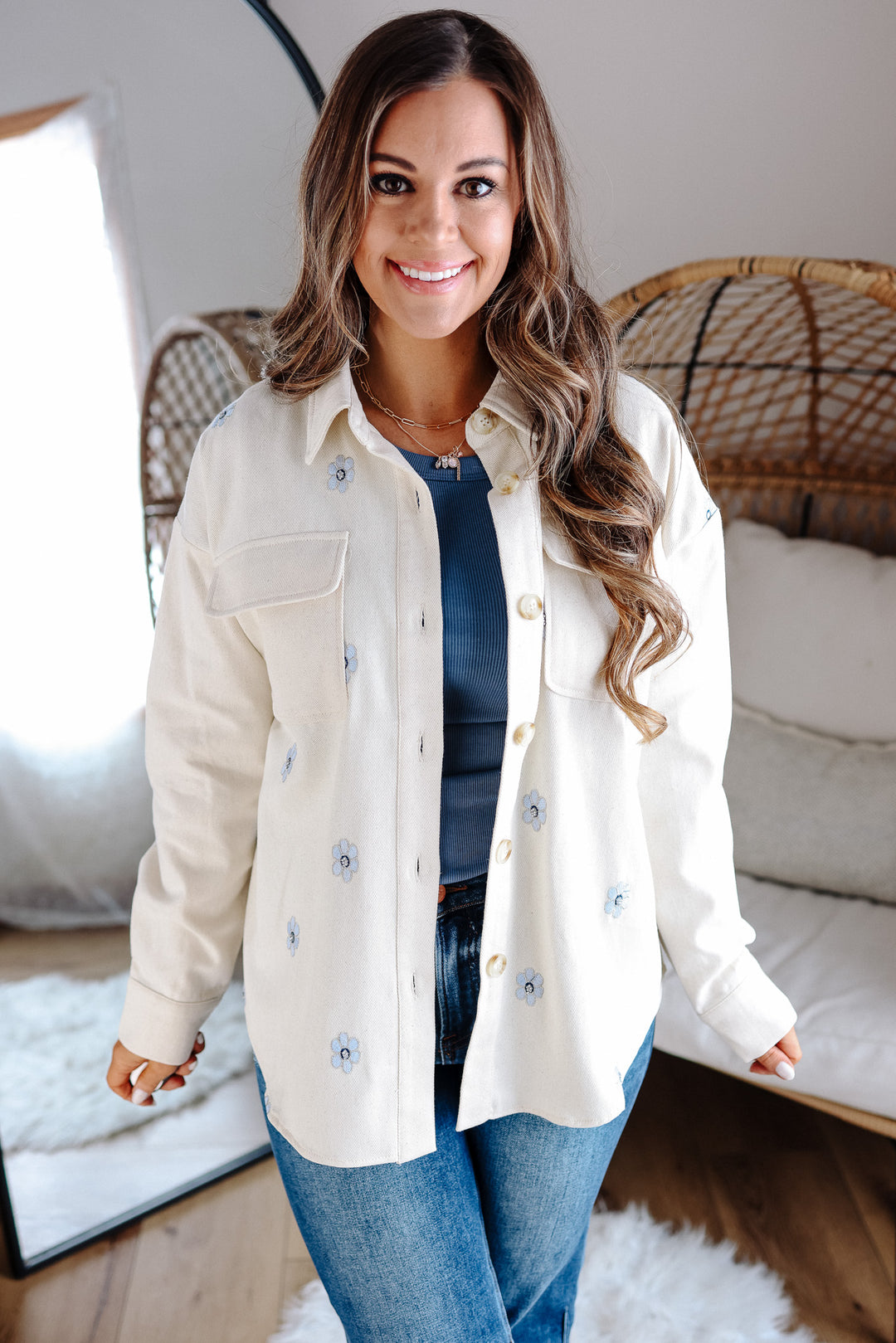 Lauren Twill Floral Embroidered Shacket