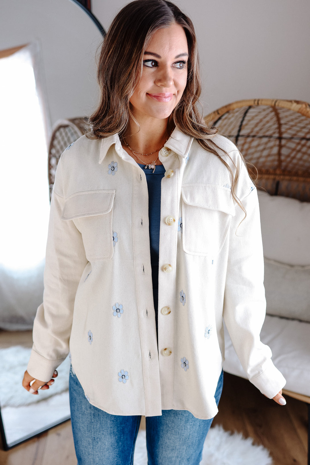 Lauren Twill Floral Embroidered Shacket