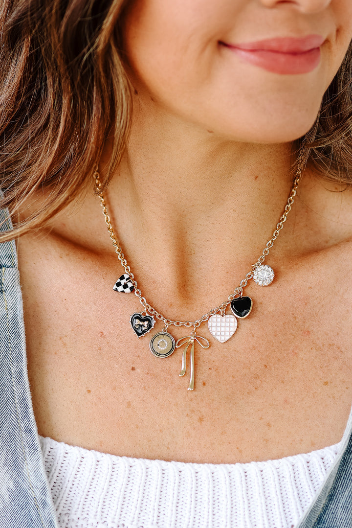 Bow Checker Heart Rhinestone Charm Necklace
