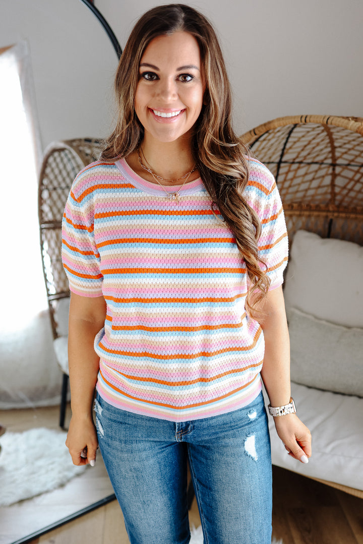 Isla Short Sleeve Pointelle Sweater - Pink