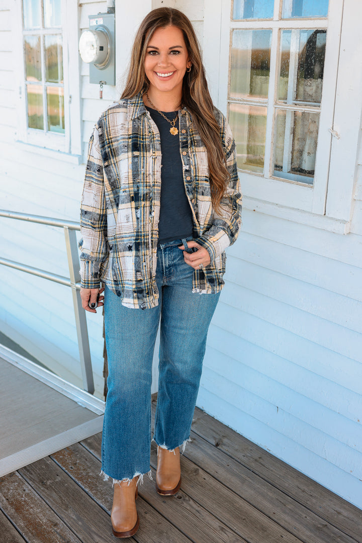 Alexa Distressed Button Down Flannel - Navy