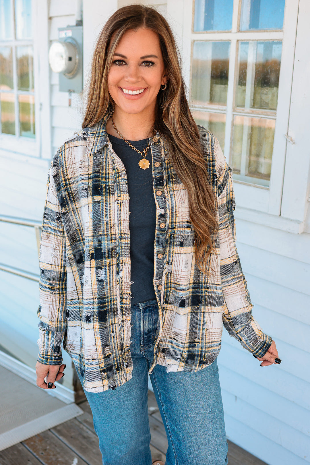 Alexa Distressed Button Down Flannel - Navy