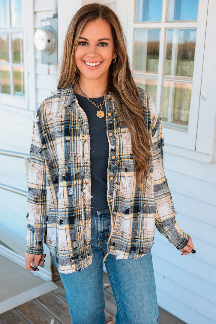 Alexa Distressed Button Down Flannel - Navy