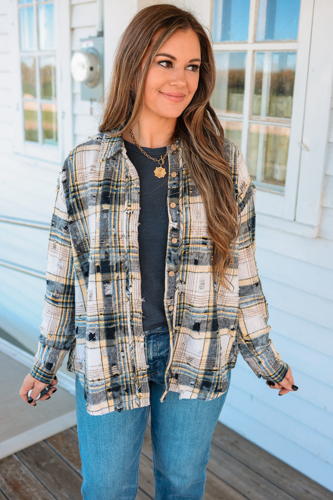 Alexa Distressed Button Down Flannel - Navy