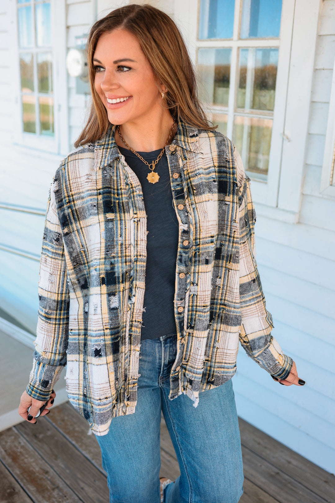 Alexa Distressed Button Down Flannel - Navy