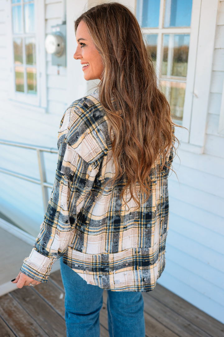 Alexa Distressed Button Down Flannel - Navy