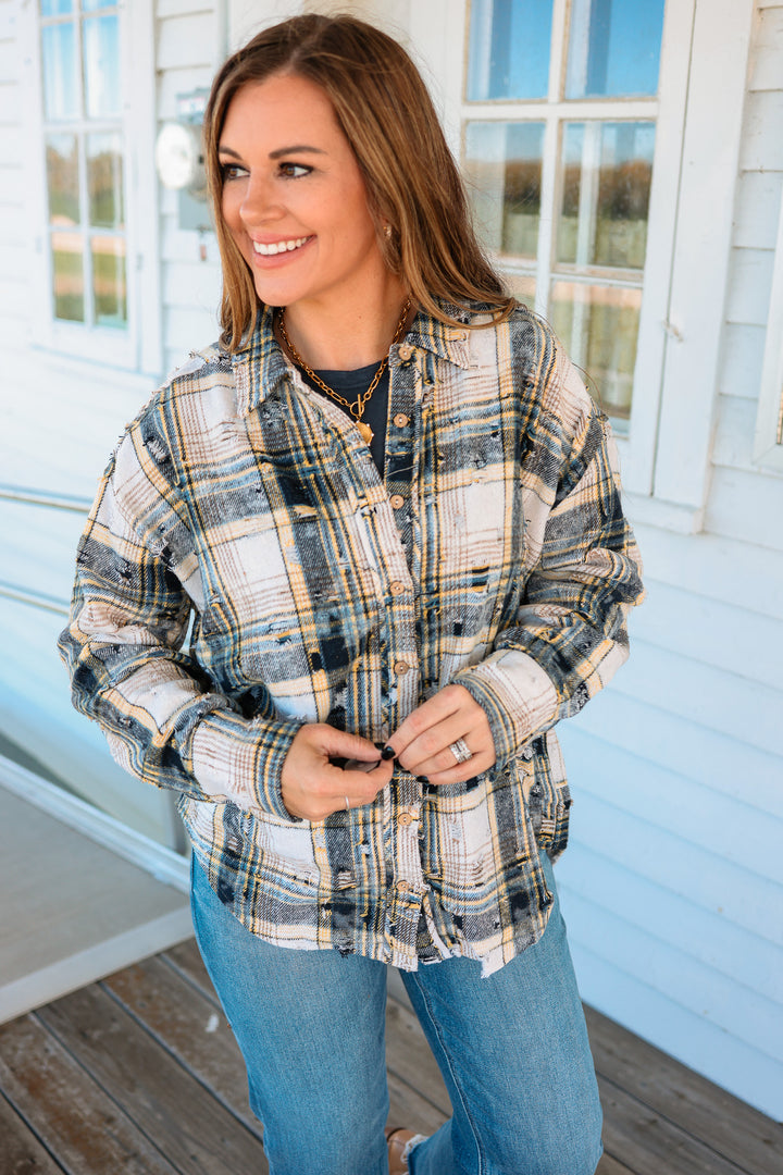 Alexa Distressed Button Down Flannel - Navy