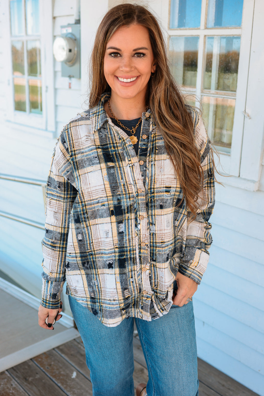 Alexa Distressed Button Down Flannel - Navy