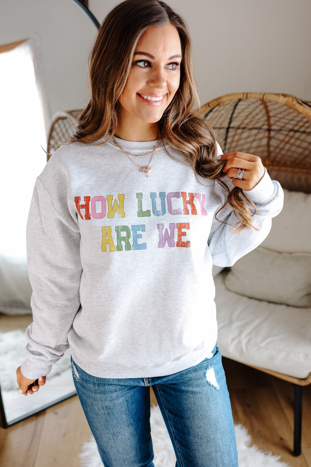 Colorful How Lucky Are We Crewneck Sweatshirt - Ash Grey