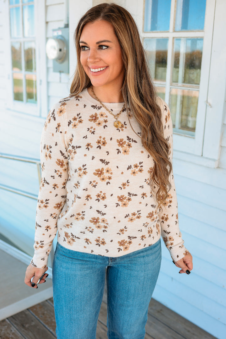 Mila Flower Printed Sweater - Taupe