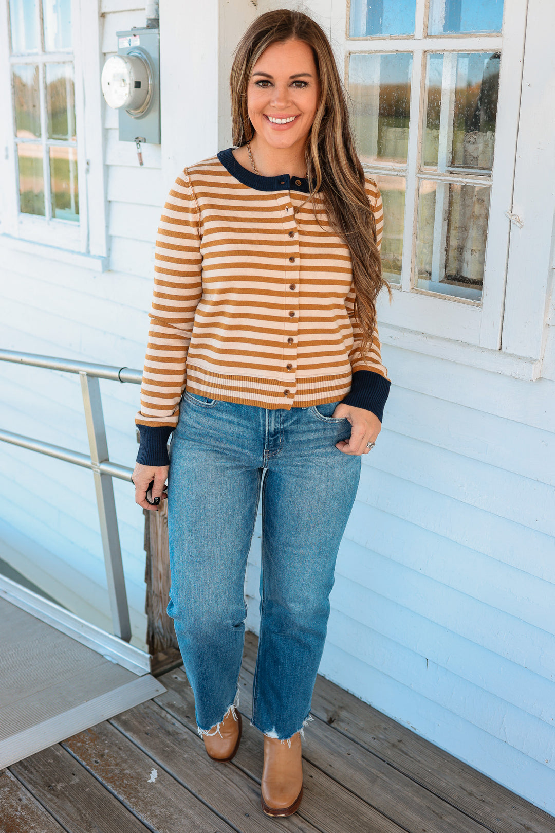 Rhea Striped Button Down Cardigan - Mustard/Navy
