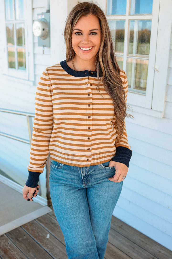 Rhea Striped Button Down Cardigan - Mustard/Navy
