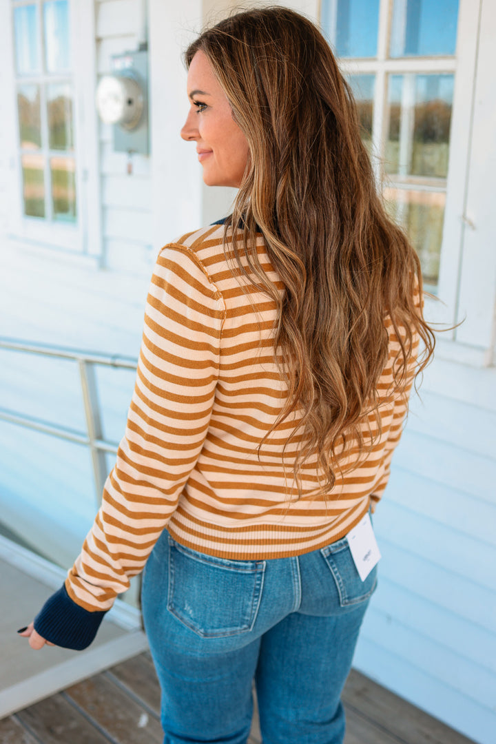 Rhea Striped Button Down Cardigan - Mustard/Navy