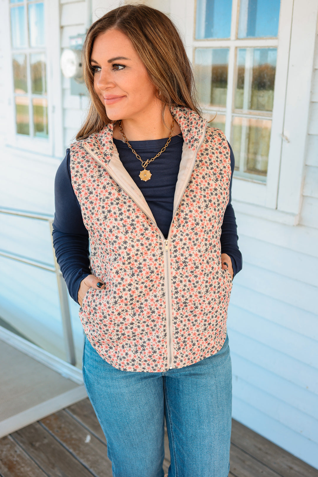 Carlyn Floral Corduroy Vest - Pink