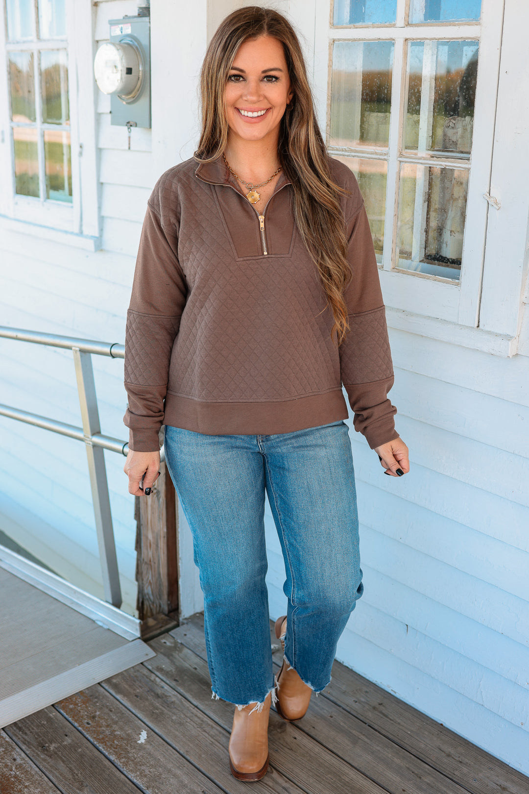 Kira Half Zip Quilted Sweatshirt - Cocoa