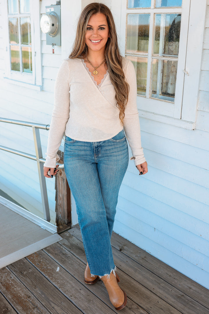 Tori Ribbed Tie Waist Surplice Top - Sand