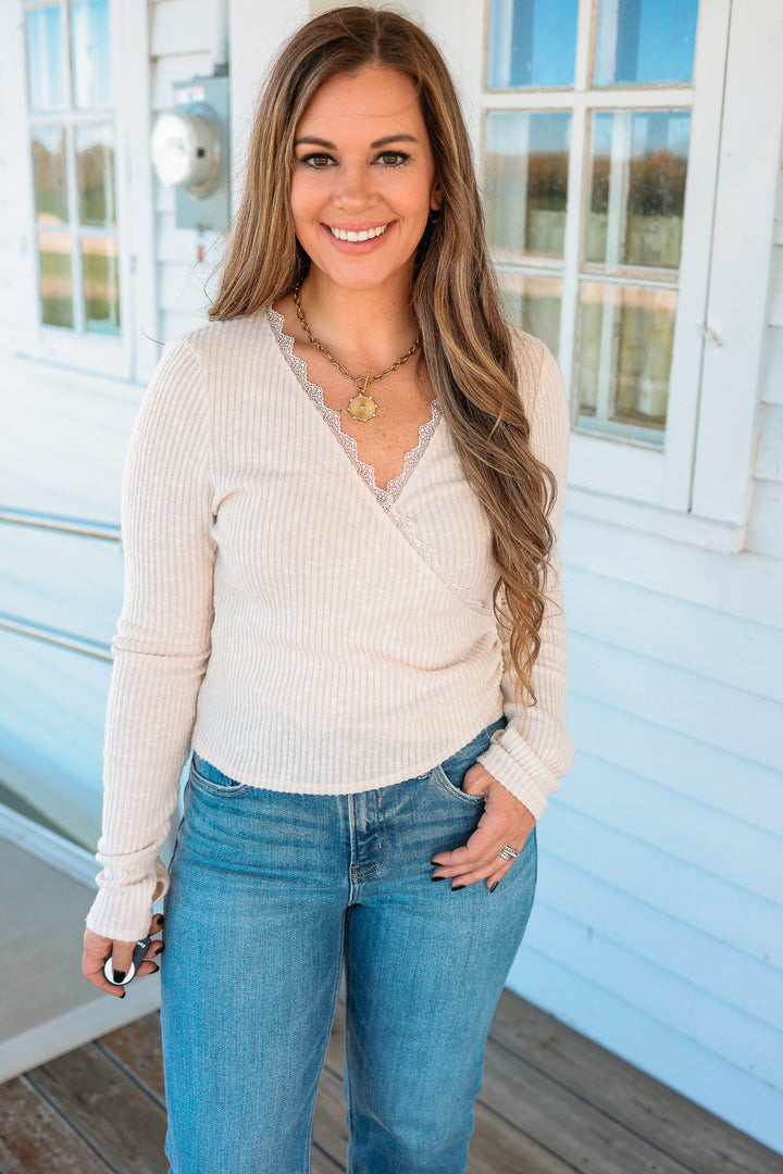 Tori Ribbed Tie Waist Surplice Top - Sand
