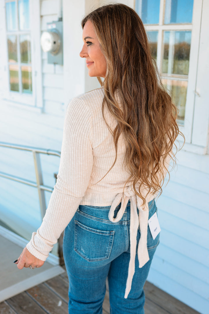 Tori Ribbed Tie Waist Surplice Top - Sand