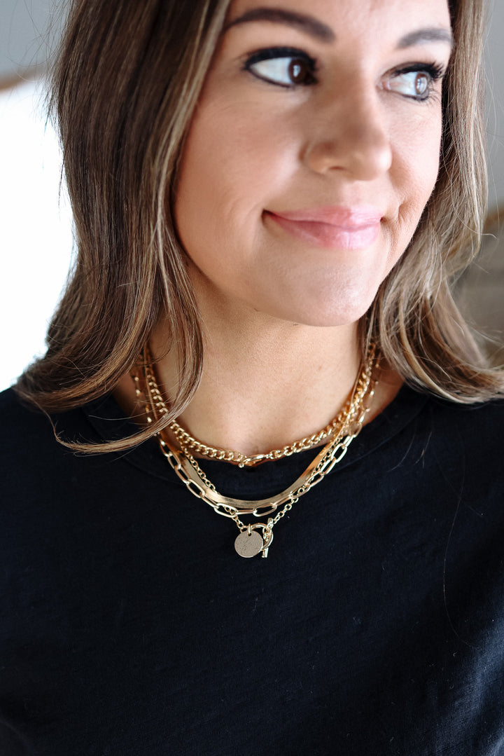 Multi Layer Toggle Herringbone Coin Necklace