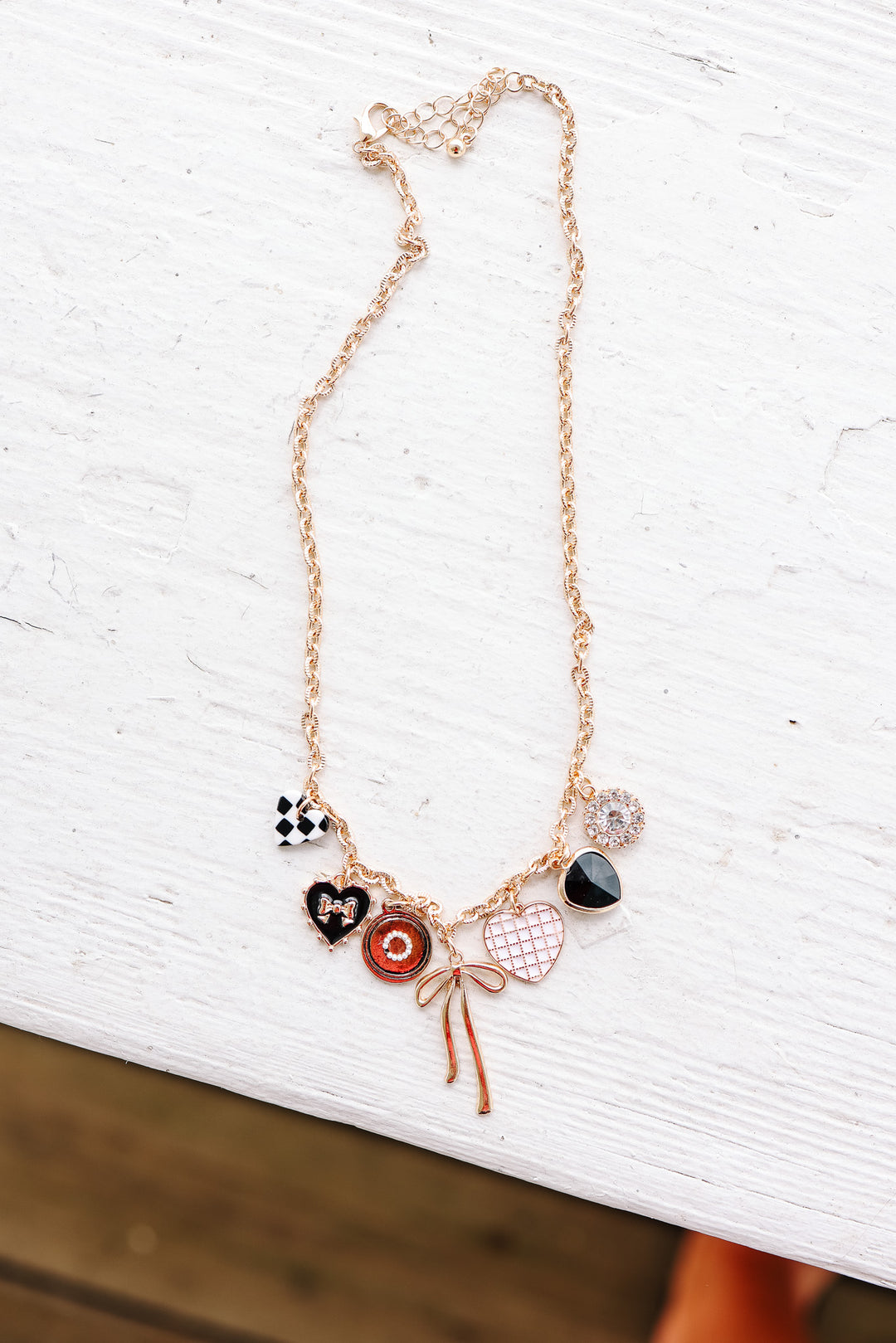Bow Checker Heart Rhinestone Charm Necklace