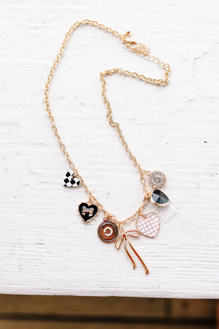 Bow Checker Heart Rhinestone Charm Necklace