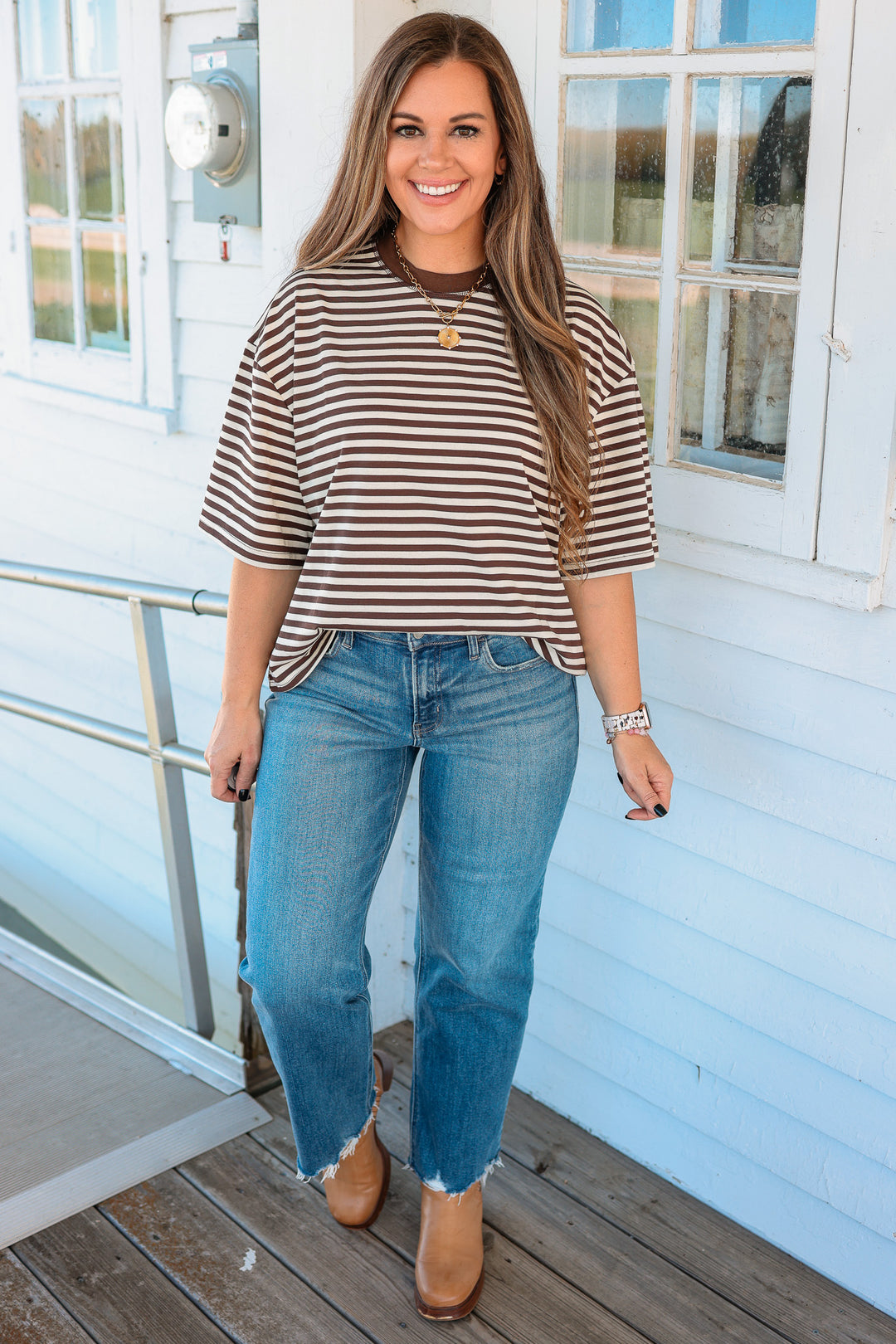 Latitude Striped Tee - Coffee Bean