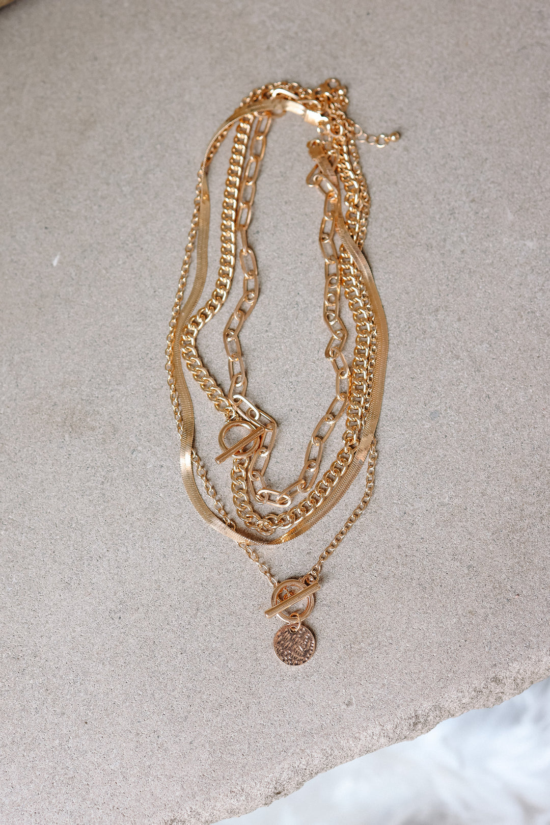 Multi Layer Toggle Herringbone Coin Necklace