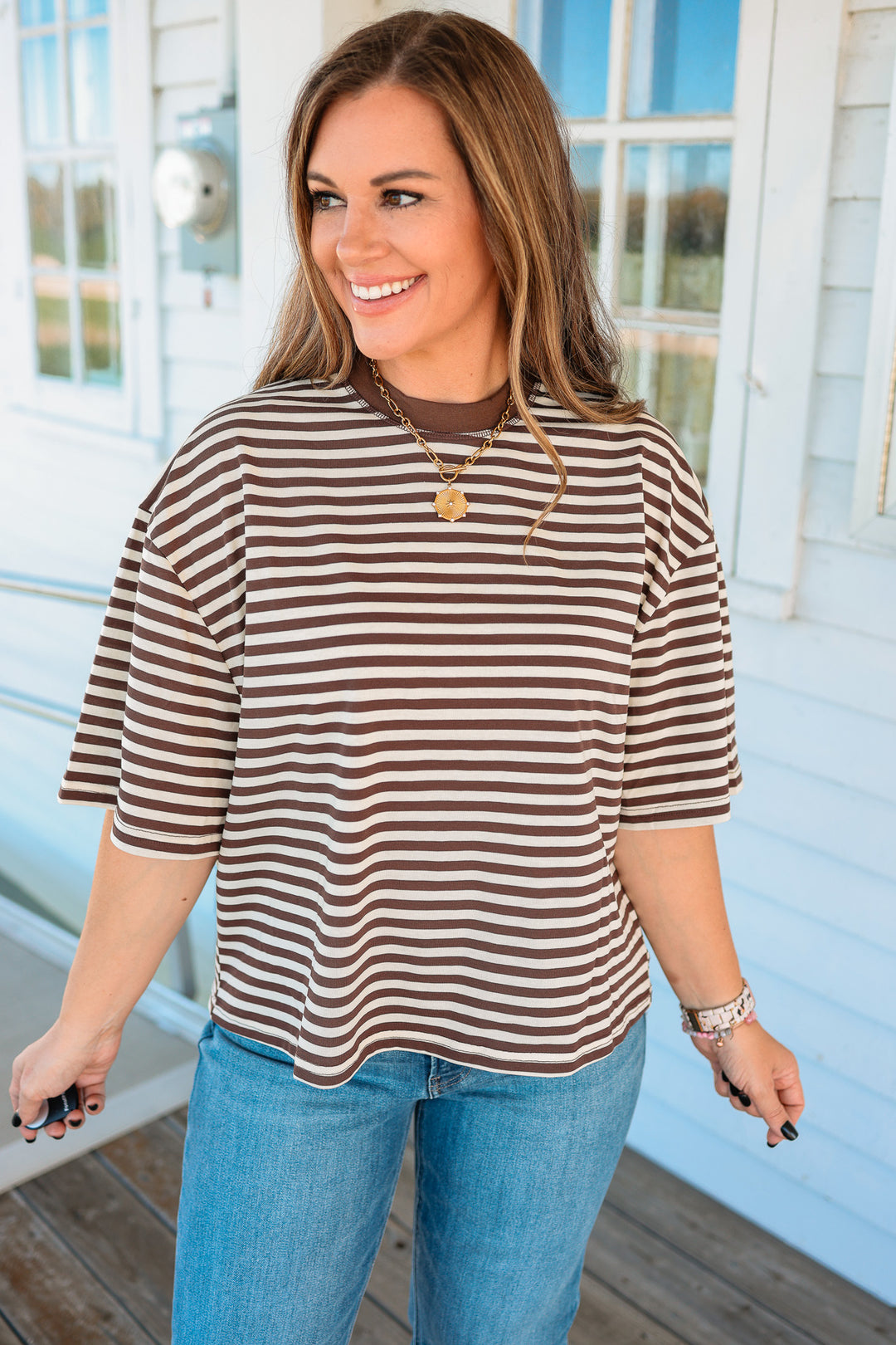 Latitude Striped Tee - Coffee Bean