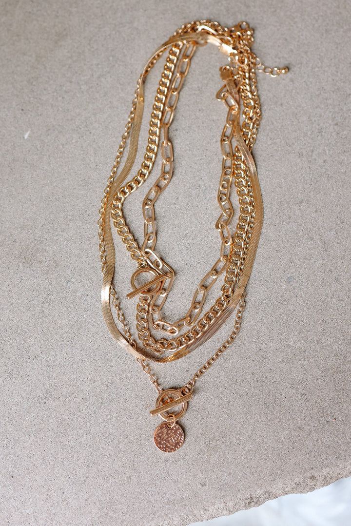Multi Layer Toggle Herringbone Coin Necklace